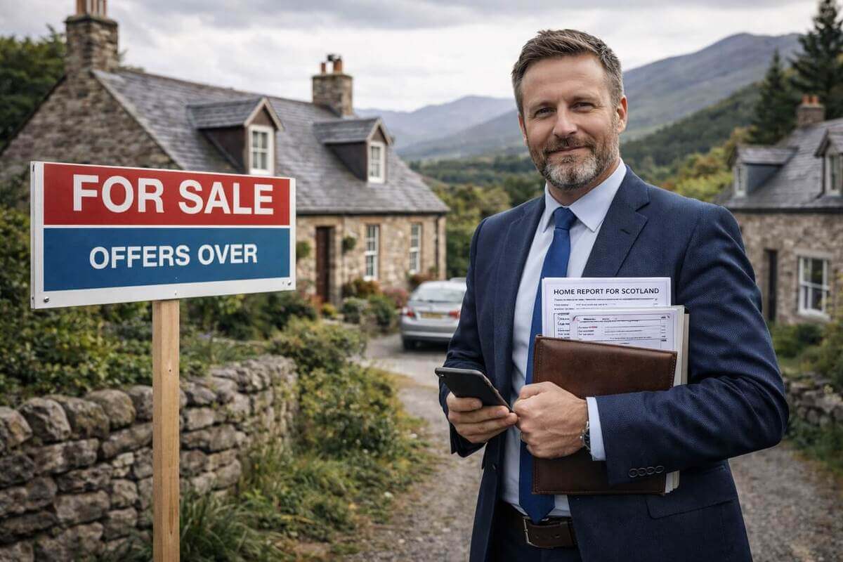 Businessman Cash Buyers in front of Scottish Cottage valuing property