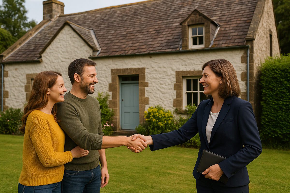 Couple smiling and shaking hands with female property consultant outside a charming Scottish stone house.