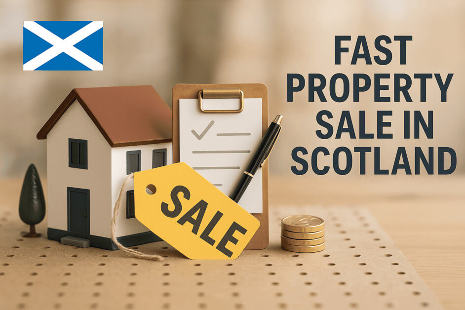 Model house with SALE tag, clipboard and coins beside Scottish flag symbolizing fast property sale in Scotland.