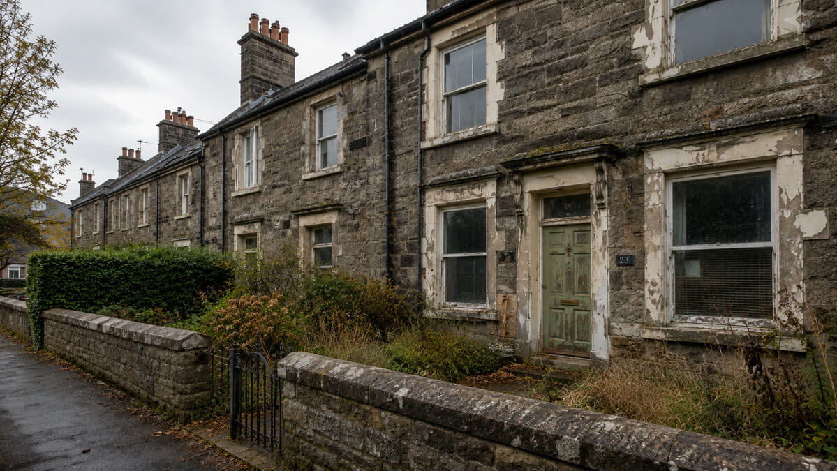Neglected Scottish stone terraced house with peeling paintwork and overgrown garden — ideal for cash investor purchase to sell house fast in Scotland, Cash Investors Buy