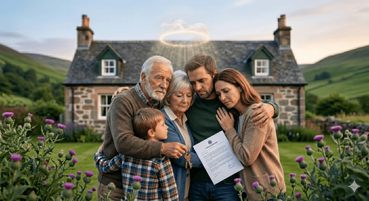 Mourning family embracing in front of a Scottish house during the probate and confirmation property sale process.